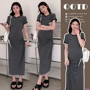 孕妇装夏季新款法式时尚高级设计感辣妈刺绣纯棉连衣裙洋气孕妇裙