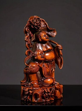 旧藏黄杨木雕刻荷和二仙摆件实木