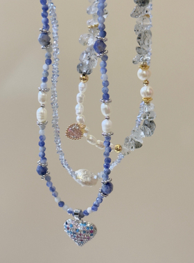 新中式复古蓝紫色不规则贝壳珠项链爱心 小众设计锁骨链