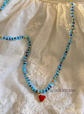 夏日蓝色串珠红色爱心设计感项链小众设计锁骨链ins博主同款