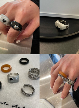 韩国博主同款滴釉戒指黑色珠光白高级时髦小众宽版食指指环