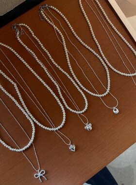 双层珍珠水滴豆豆蝴蝶结吊坠项链女甜美百搭叠戴气质锁骨链颈链女