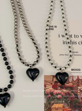 韩国东大门黑色立体爱心ins串珠珍珠项链小众设计高级感气质锁骨