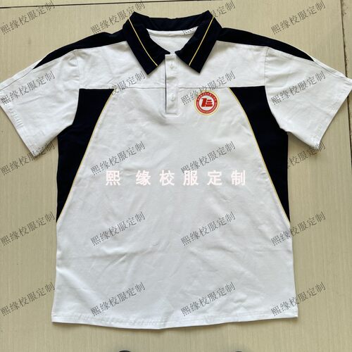 定制湖南省娄底三中附属实验学校夏季校服半袖上衣白色拼接黄细条