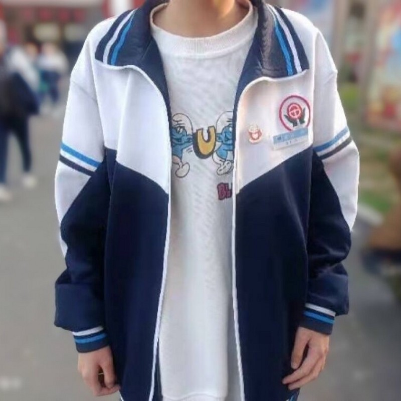 邢台新款jk制服沙河市来图定制蓝白拼接休闲长袖校服上衣裤子套装