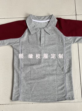 淄博稷下实验学校定制夏季暗红色拼接灰色班服运动翻领POLO衫上衣