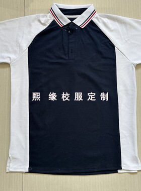 定制夏季校服半袖上衣藏蓝拼接白色翻领红条纹短袖T恤初高中小学
