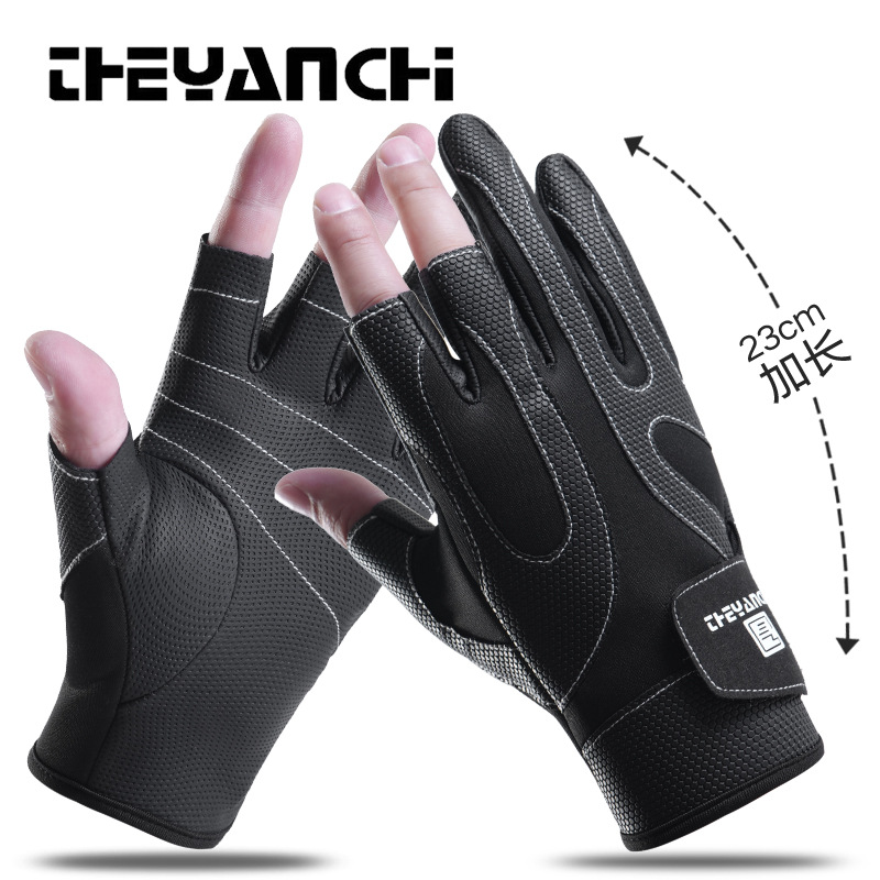 钓鱼手套秋冬季男户外加厚防滑耐磨露三指触屏骑行手套