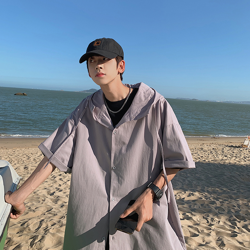 连帽开衫半袖衬衫男女百搭宽松bf五分袖衬衣夏季薄款冰丝防晒风衣