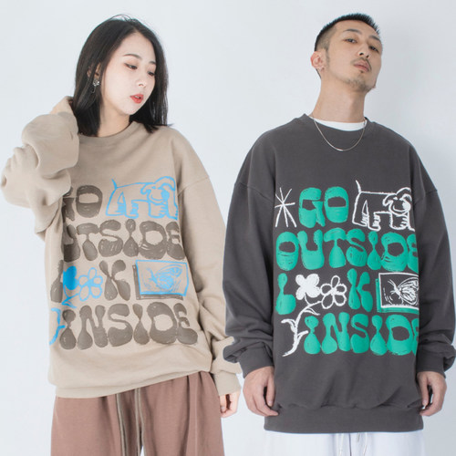 复古手绘元素发泡印花圆领卫衣