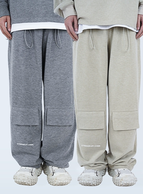 STREAMLET.CHEN:细坑条纹毛线材质 纯色大口袋多功能休闲长裤