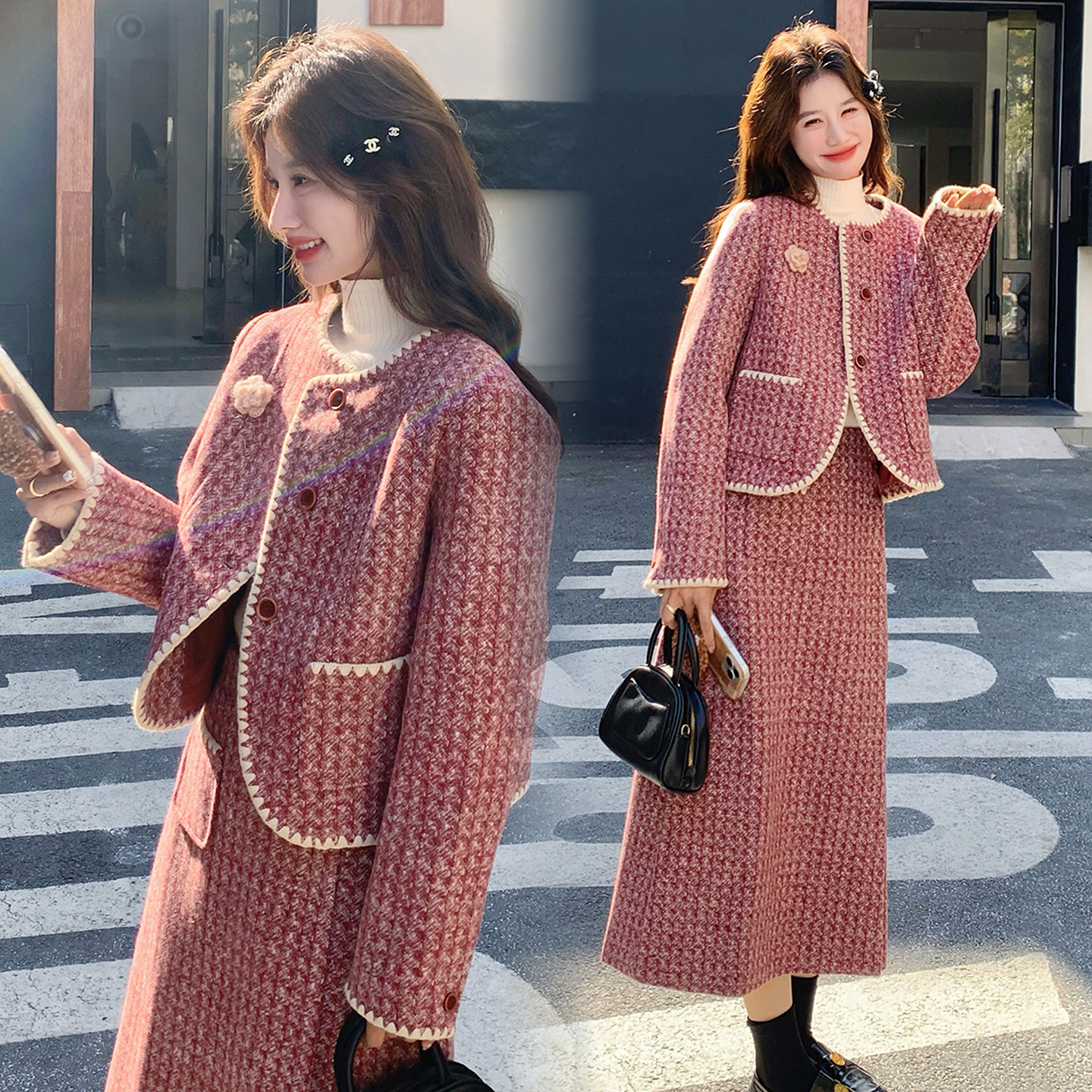 7337刺绣工艺红色格子毛呢羽绒上衣套装P275控418