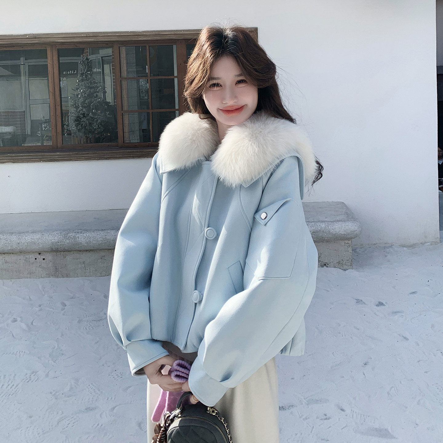 7355可脱卸环保毛领麂皮绒羽绒内胆外套P275控418,女装短外套,2D006