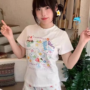 白色卡通动漫海豚印花纯棉短袖t恤女夏季修身通勤百搭正肩ins上衣