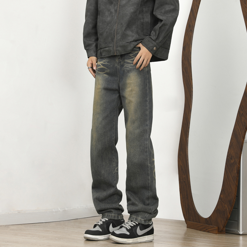 2025新款高质量牛仔裤男复古潮牌美式微喇高街直筒阔腿裤子
