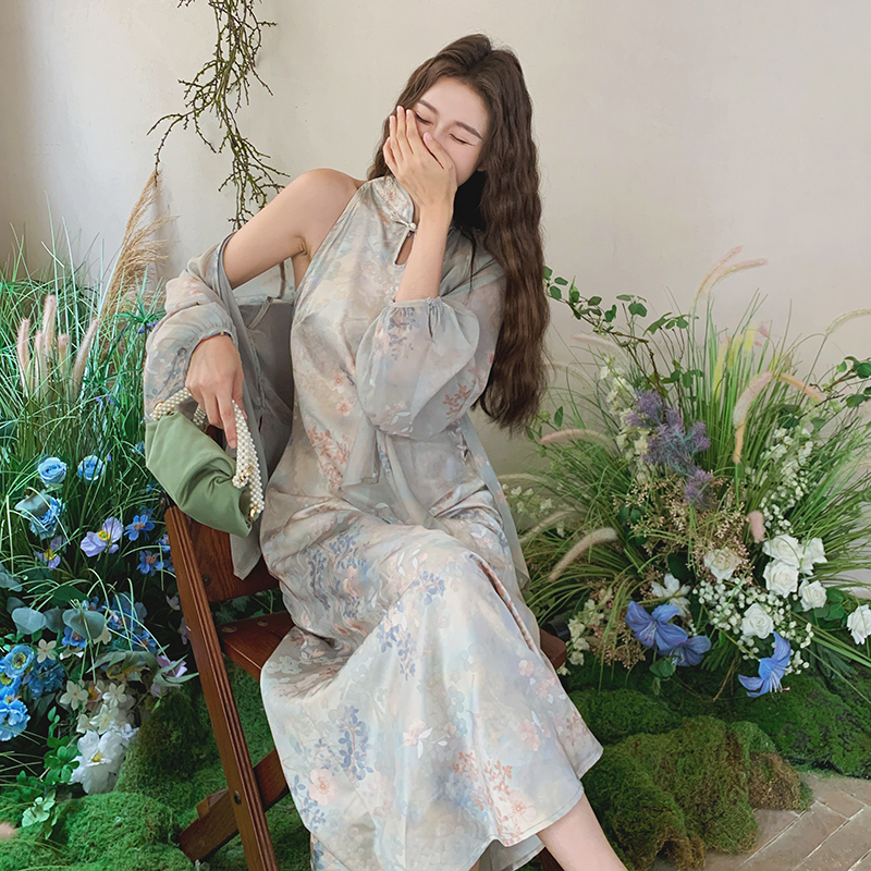 国风新中式轻奢印花旗袍连衣裙防晒开衫套装女夏高级感名媛千金风
