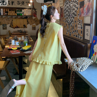 上衣半身裙套装 黄色甜美木耳边无袖 两件套女夏韩系减龄超好看长裙