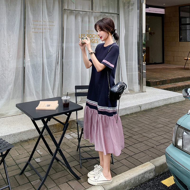 设计感拼接黑色T恤连衣裙女夏季2025新款韩版宽松休闲长款鱼尾裙