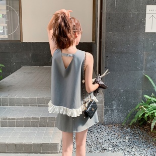 法式 两件套女夏甜美高级感花苞背心 小香风无袖 露背上衣半身裙套装