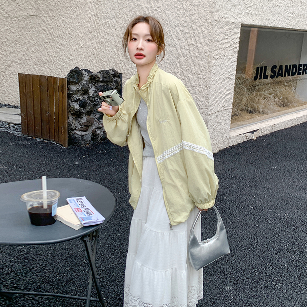 黄色蕾丝拼接防晒衣外套女夏季韩版甜美减龄冲锋衣夹克户外山系