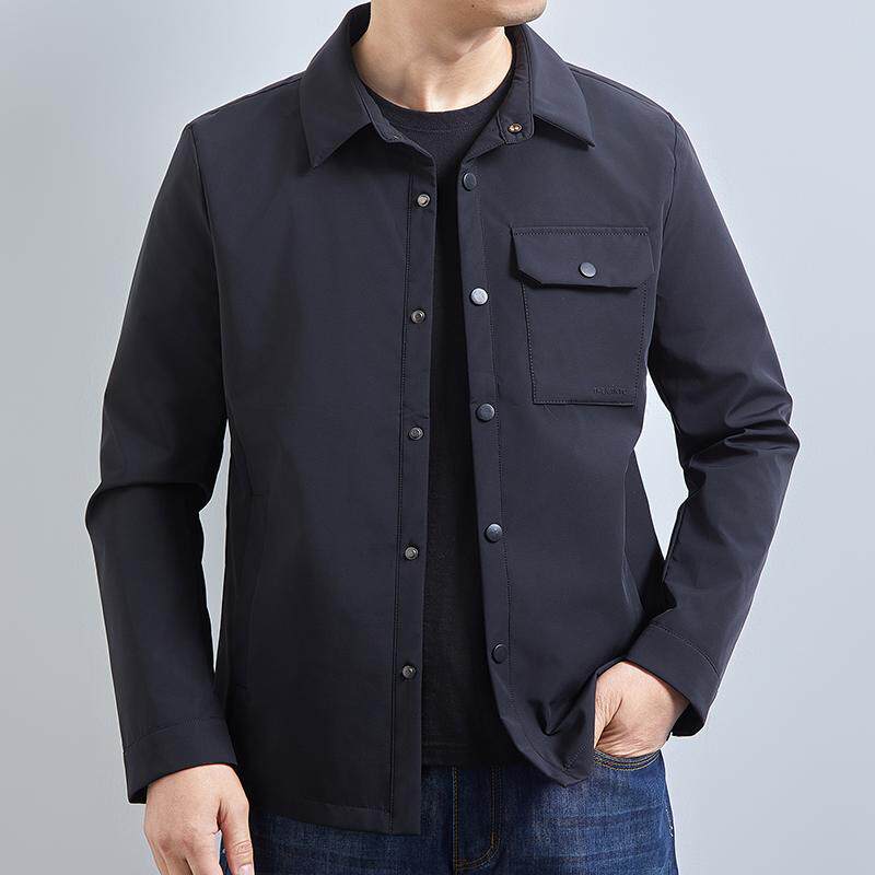 春秋新款中年男士翻领纯色夹克衫加肥加大码胖子宽松休闲外套上衣