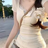 显瘦小清新甜辣春秋打底衫 假两件修身 上衣 t恤女夏季 纯欲碎花短袖