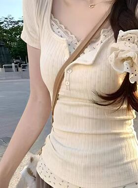 纯欲碎花短袖t恤女夏季假两件修身显瘦小清新甜辣春秋打底衫上衣