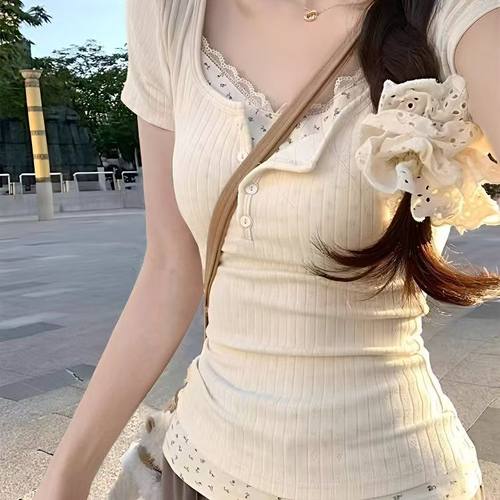 纯欲假两件碎花小清新修身短袖女