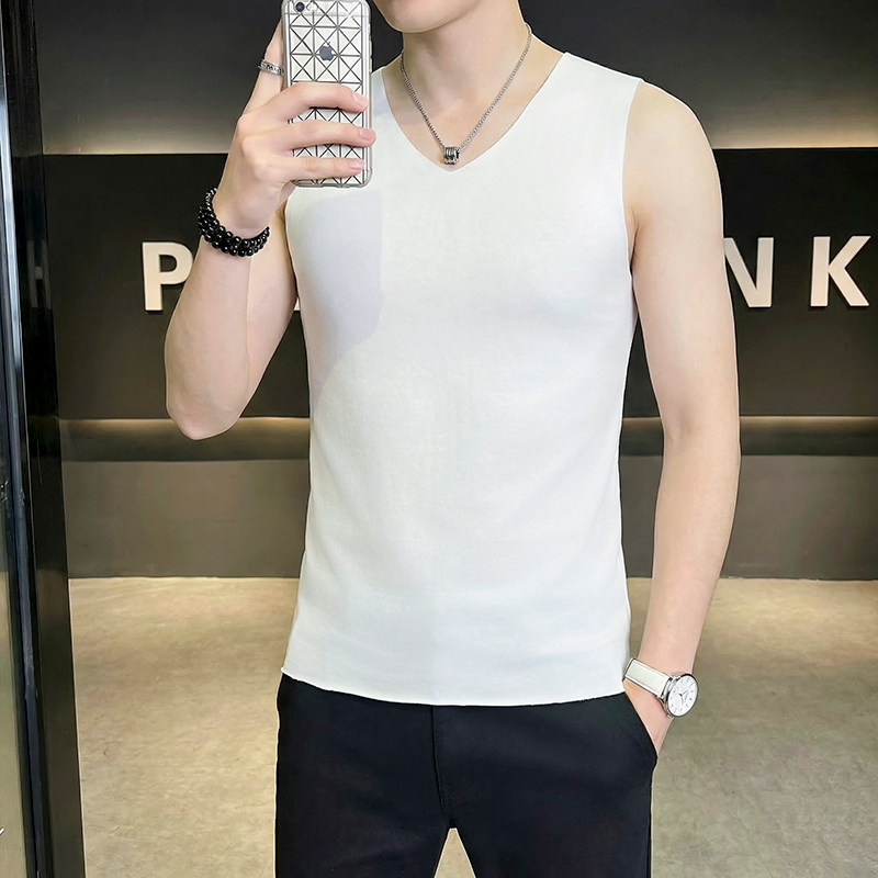 无痕修身V领背心男夏季薄款白色内搭打底衫透气无袖套头上衣外穿