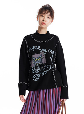 MOVEUP幻走2025冬季新款.FUN系列小立领趣味印花撞色线短款T恤女