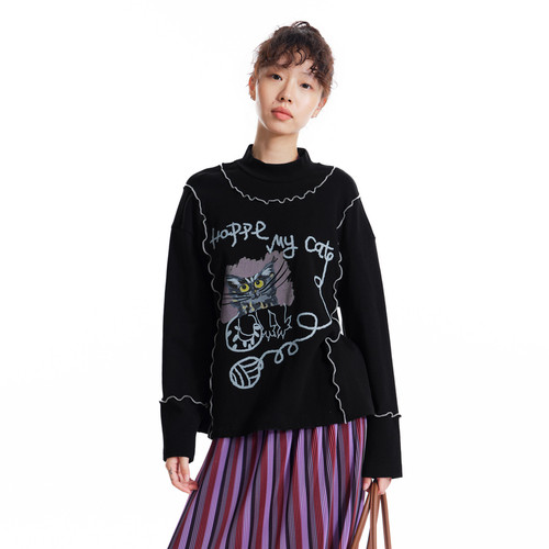 MOVEUP幻走2025冬季新款.FUN系列小立领趣味印花撞色线短款T恤女