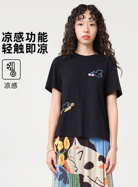 MOVEUP幻走2026夏季新款.FUN系列圆领正肩绣花短袖凉感短款T恤女