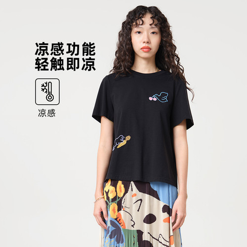 MOVEUP幻走2026夏季新款.FUN系列圆领正肩绣花短袖凉感短款T恤女