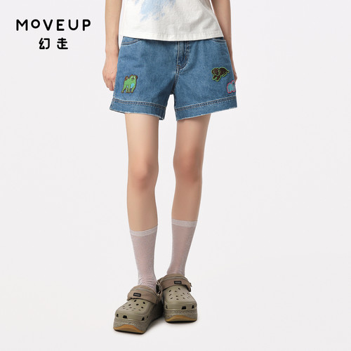 MOVEUP幻走2024夏季新款.FUN系列趣味织唛章仔设计纯棉牛仔短裤女
