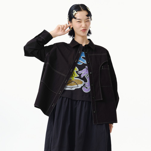 MOVEUP幻走2025春季新款.FUN系列纯棉撞色分割设计师短款衬衫女