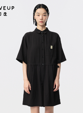 MOVEUP幻走2024夏季新款.FUN系列翻领黑色织唛腰带设计师连体裤女