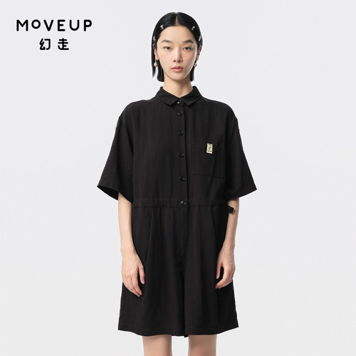 MOVEUP幻走2024夏季新款.FUN系列翻领黑色织唛腰带设计师连体裤女