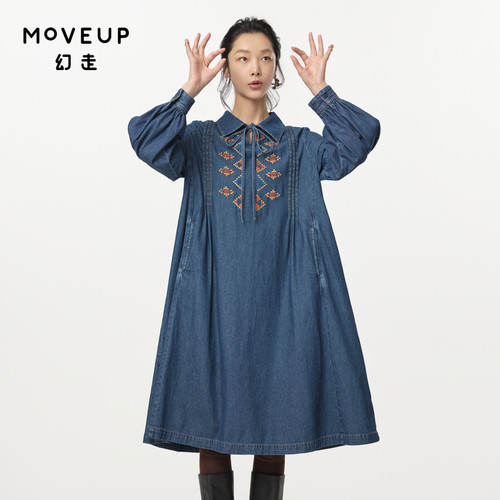 MOVEUP幻走2024秋季新款.FUN系列纯棉复古刺绣设计师牛仔连衣裙