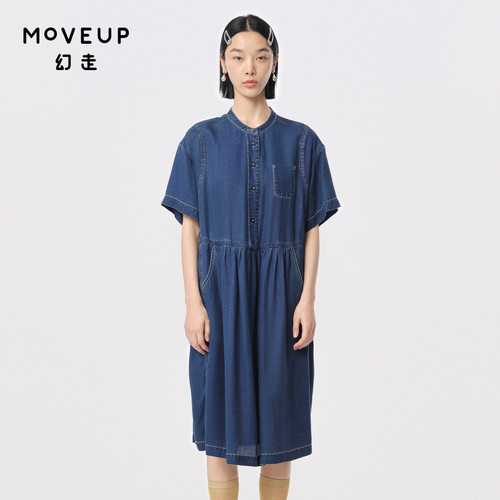 MOVEUP幻走2024夏季新款.FUN系列小圆领撞色明线设计师牛仔连衣裙