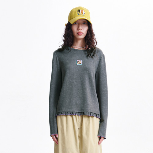 MOVEUP幻走2026春季新款.FUN系列圆领章仔撞色荷叶花边短款T恤女