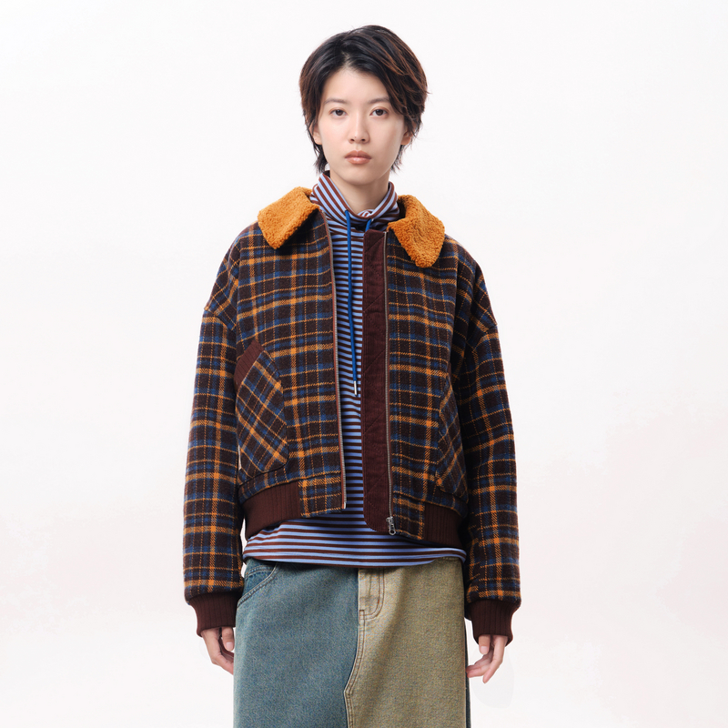 MOVEUP幻走2025冬季新款.FUN系列撞色翻领格纹织唛短款呢子外套女
