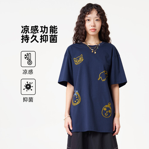 MOVEUP幻走2026夏季新款.FUN系列圆领绣花凉感抗菌中长款T恤女