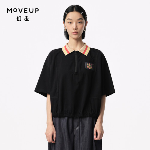 MOVEUP幻走2024夏季新款.FUN系列撞色polo领设计纯棉短款套头衫女