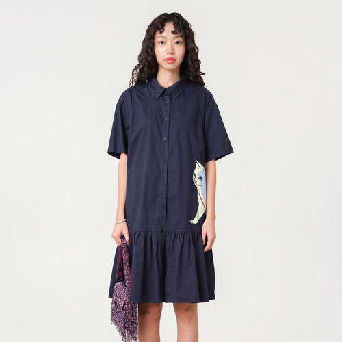 MOVEUP幻走2026夏季新款.FUN系列纯棉猫咪贴布绣口袋梭织连衣裙