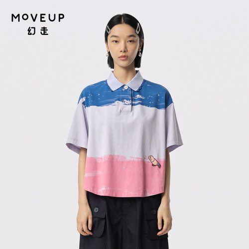 MOVEUP幻走2024夏季新款.FUN系列撞色小鸟印绣设计纯棉短款T恤女