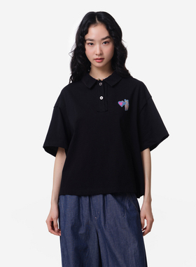 MOVEUP幻走2026夏季新款.FUN系列纯棉polo领绣花章仔短款T恤女