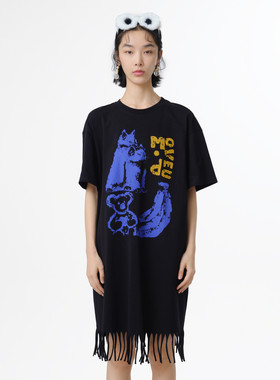 MOVEUP幻走2025夏季新款.FUN系列纯棉沙点印花流苏针织连衣裙
