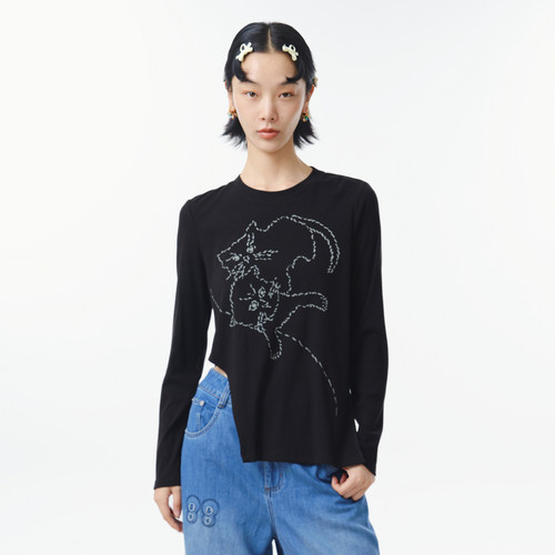 MOVEUP幻走2025春季新款.FUN系列猫咪印花不对称设计中长款T恤女