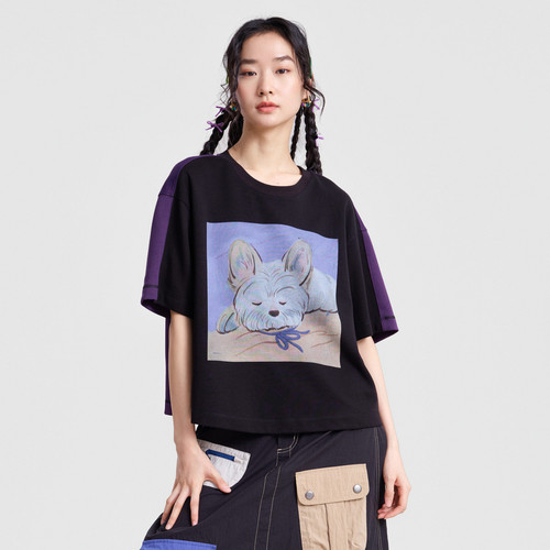 MOVEUP幻走2026春季新款.FUN系列圆领趣味印花撞色线短款T恤女