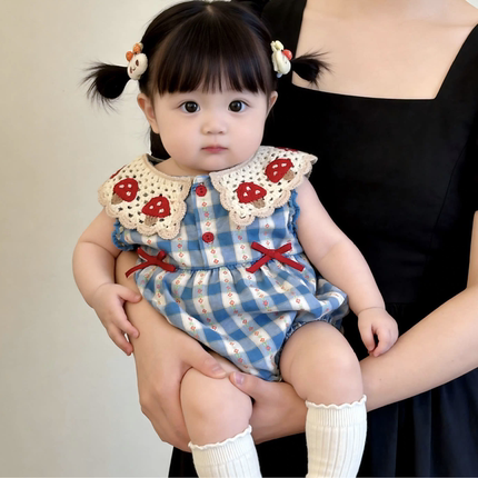 夏季婴幼儿蓝格纹薄款包屁裙宝宝针织领三角哈衣蝴蝶结纯棉包屁裙